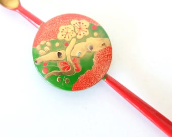 Vintage Makie Kanzashi Hair Accessory - Red and Gold (Style 1) — Japanese Vintage Kanzashi Stick and Comb Makie Wooden Red Gold Hair Accessa