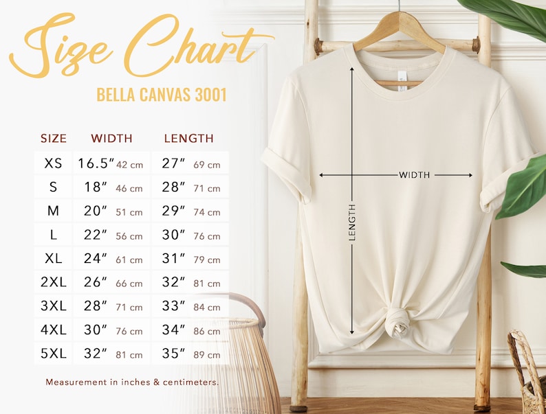 Pode incluir: Tabela de tamanhos para camisetas Bella Canvas 3001, mostrando as medidas de largura e comprimento em polegadas e cent&iacute;metros para os tamanhos XS a 5XL.