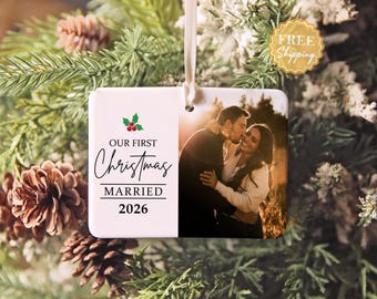 Our First Christmas Married Ornament, Personalized Engagement Picture Ornament, First Year Married Photo Ornament, Custom Wedding Ornament