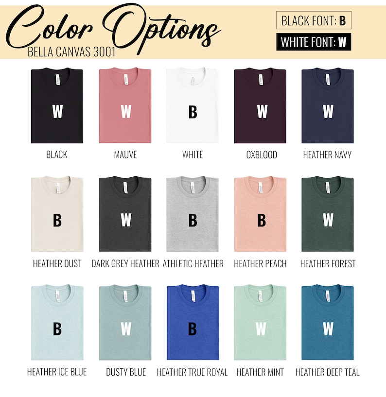 Pode incluir: Um gr&aacute;fico que mostra as op&ccedil;&otilde;es de cor das camisetas Bella Canvas 3001. O gr&aacute;fico mostra 15 cores de camisetas diferentes com o texto "BLACK FONT: B" e "WHITE FONT: W" na parte superior. Cada cor tem uma letra "B" ou "W" na camiseta para indicar a cor do texto que ficaria melhor nessa cor de camiseta.