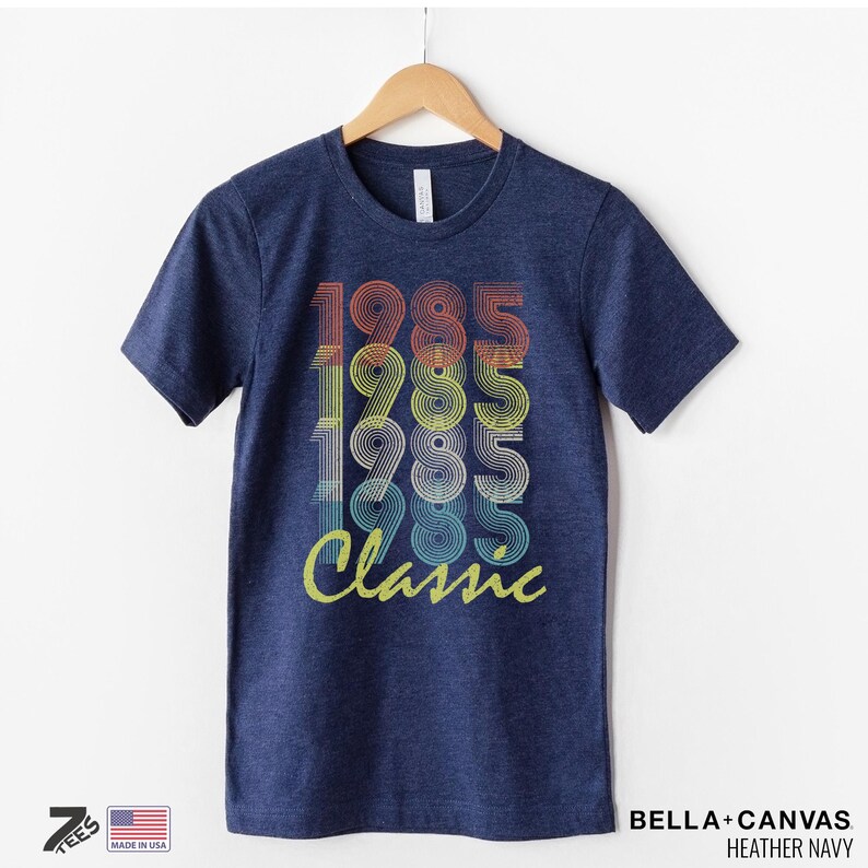 Pu&ograve; includere: Una t-shirt blu navy con una grafica in stile vintage che dice "1985 Classic" in colori arcobaleno.