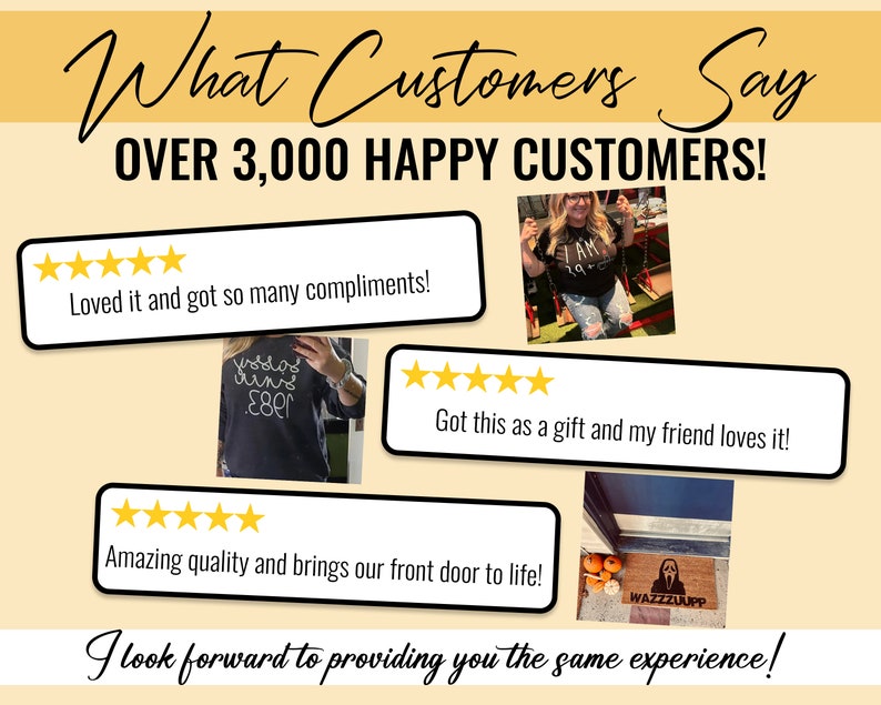 Pu&ograve; includere: Un collage di recensioni dei clienti con valutazioni a cinque stelle e foto di persone che indossano o usano prodotti. Il testo "What Customers Say" e "Over 3,000 Happy Customers!" &egrave; visualizzato nella parte superiore dell'immagine. Le recensioni includono frasi come "Loved it and got so many compliments!" e "Got this as a gift and my friend loves it!"
