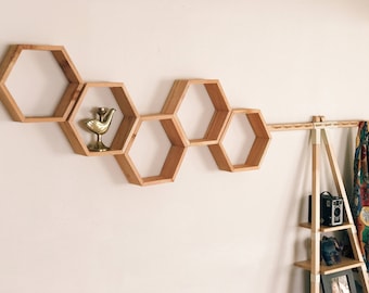 Set of 5 Cedar Hexagon Shelves: Geometric Floating Honeycomb Shelves