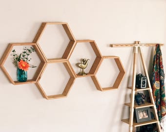 Set of 5 Cedar Hexagon Shelves: Large Honeycomb Floating Shelves