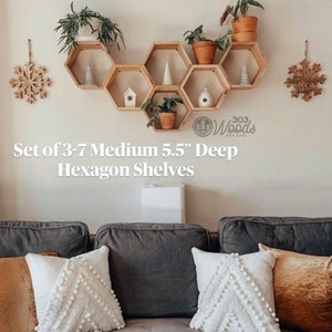 Set of Medium 5.5&quot; Deep Hexagon Shelves, Honeycomb Shelves, Floating Shelves, Geometric Shelves