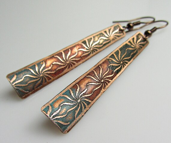Bohemian Copper Jewelry Handmade Long Large Hammered Copper Earrings Handmade Long Dangle Earrings Hammered Earrings Blue Green Leaf