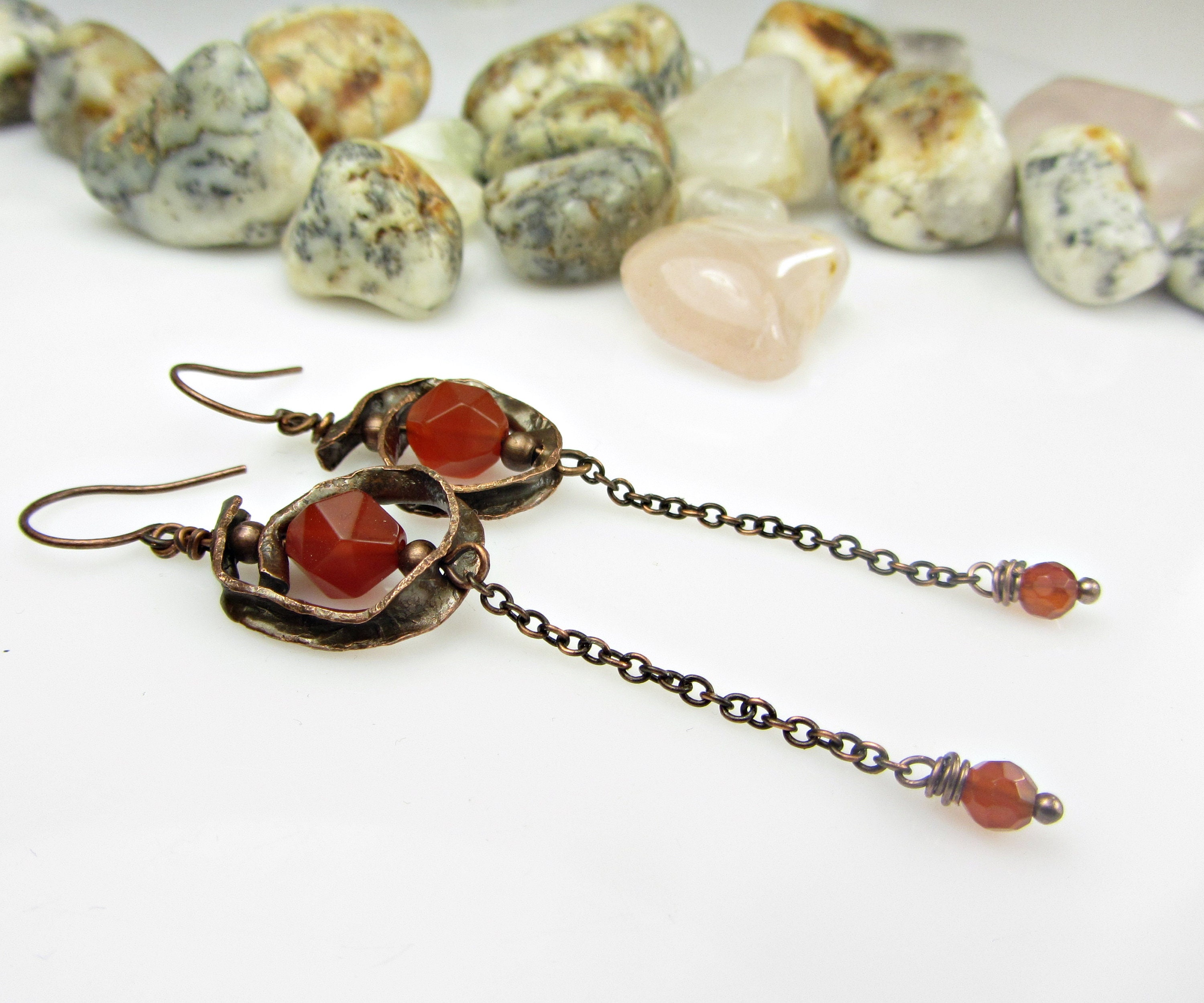 Copper Earrings Handmade Red Stone Carnelian Long Dangle | Etsy