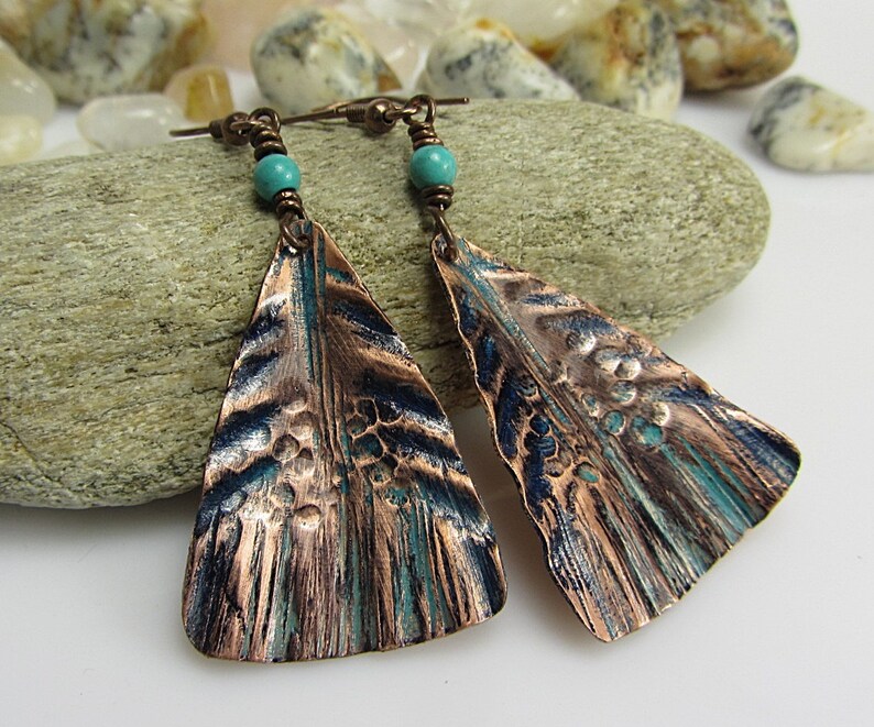 Bohemian Copper Jewelry Handmade Long Large Hammered Copper Earrings Handmade Long Dangle Earrings Hammered Earrings Blue Green Leaf
