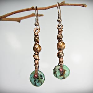 Turquoise Copper Handmade Long Earrings, Handmade Copper Jewelry, Boho Earrings, African Turquoise, Wrapped Wire, Gift for Women