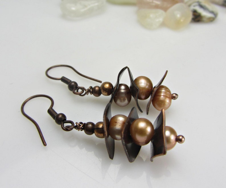 Copper Anniversary Gift for Women Pearl Copper Handmade Earrings Copper Jewelry Handmade