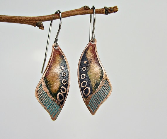 Bohemian Copper Jewelry Handmade Long Large Hammered Copper Earrings Handmade Long Dangle Earrings Hammered Earrings Blue Green Leaf