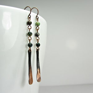 Lightweight Everyday Earrings, Turquoise Earrings, Long Hammered Earrings, Copper Jewelry Handmade, Green Stone Beads, Boho Dangle Earrings