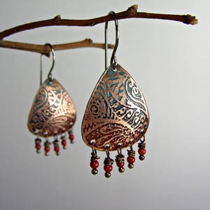 Red Earrings, Handmade Copper Jewelry, Artisan Jewelry, Original Boho Earrings, Gift for Women, Etched Paternet Earrings, Bohemian