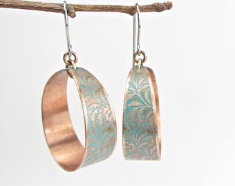 Copper Hoop Earrings, Turquoise Patina, Handmade Copper Jewelry,  Anniversary Gift, Boho