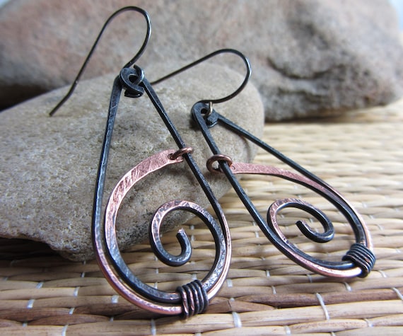 Hammered Copper Earrings Handmade Jewelry for Women Black Long