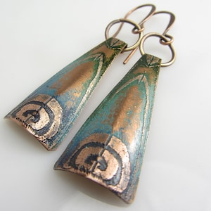 Blue Long Copper Earrings, Handmade Boho Earrings, Copper Anniversary, Gift for Women, Rustic Texture, Gifts for her, Handmade Jewelry