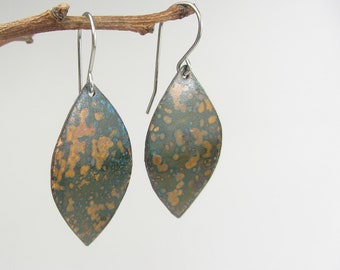 Leaf Copper Earrings, Handmade Copper Jewelry, Boho Earrings, Green Blue Earrings, Verdigris Patina, Gift for Women