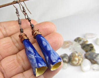 Longues boucles d'oreilles bleues, boucles d'oreilles bohèmes faites main, boucles d'oreilles en cuivre, perles en céramique, boucles d'oreilles pour femme, cadeau pour elle