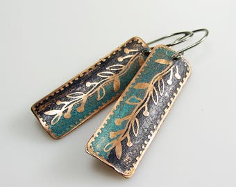 Modern Elegant Blue Dangle Earrings, Copper Earrings Handmade, Etched Copper Jewelry Handmade