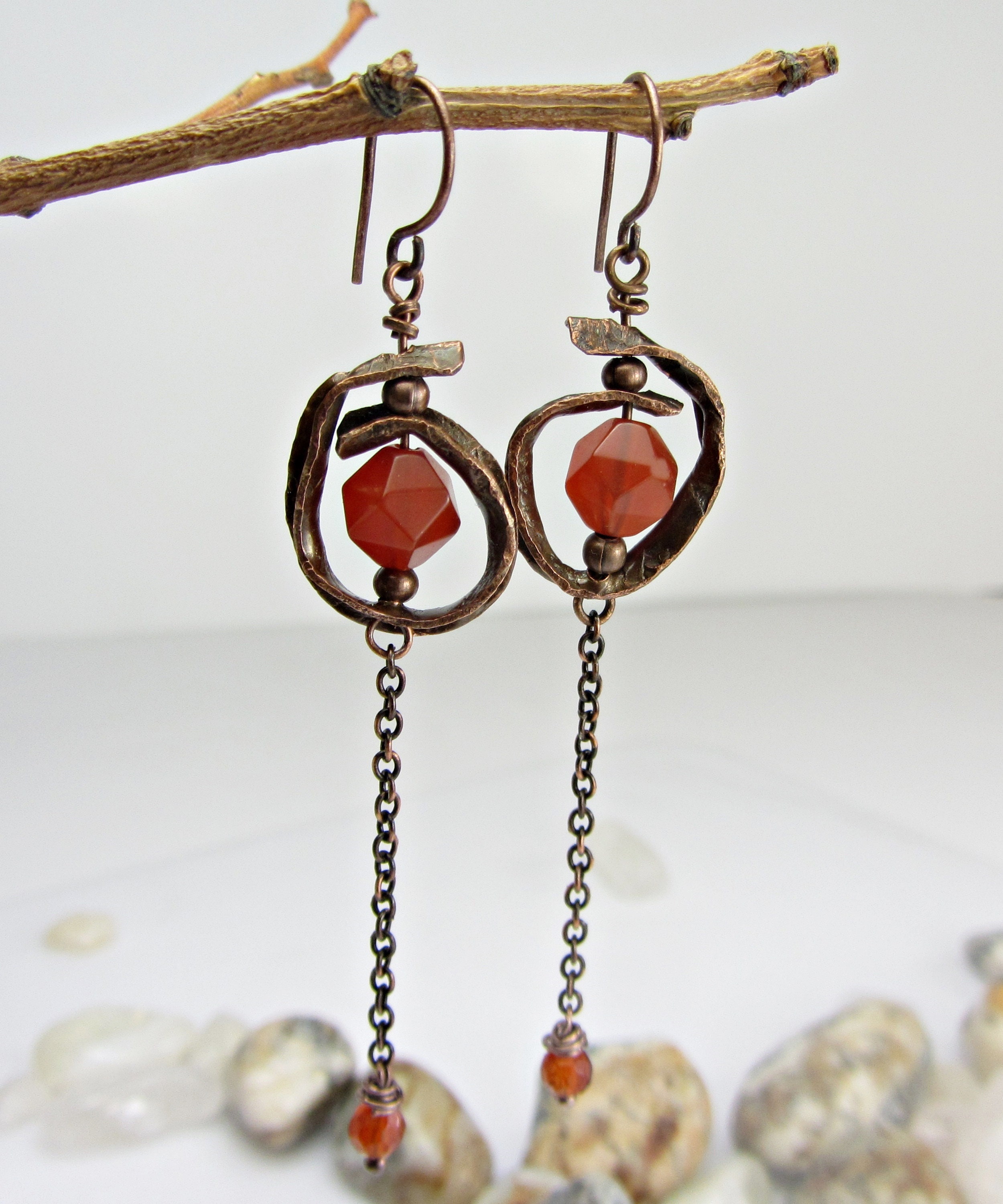 Copper Earrings Handmade Red Stone Carnelian Long Dangle | Etsy