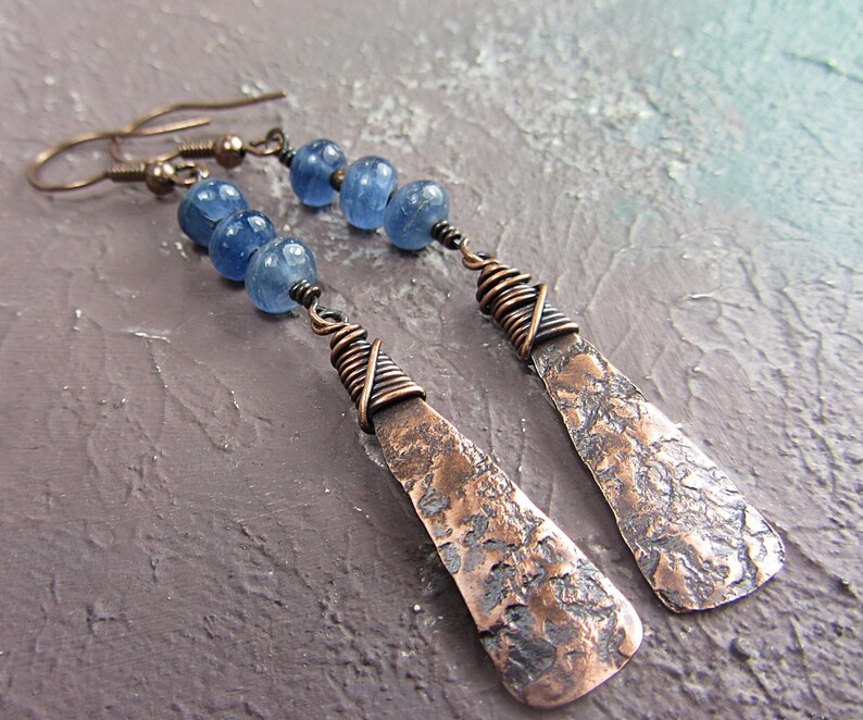 Hammered Copper Earring Long Handmade Dangle Earring Blue Etsy