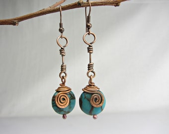 Long Rustic Blue Earrings, Copper Jewelry Handmade, Long Boho Earrings, Blue Stone Lentil, Wire Wrap Earrings