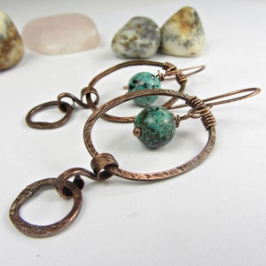 Hoop Turquoise Hammered Copper Earrings, Handmade Jewelry, Blue Stone Beads, Boho Copper Anniversary Gift, African Turquoise