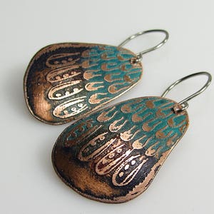 Copper Earrings, Handmade Jewelry, Etched Copper Earrings, Light Weight Earrings, Blue Turquoise Earrings