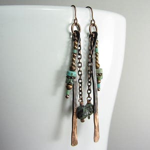 Hammered Copper Turquoise Boho Earrings, Handmade Long Dangle Earrings,Copper Jewelry Handmade, Bohemian Earrings