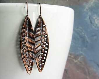 Hammered Copper Earrings, Long Earrings Boho, Copper Jewelry Handmade, Earrings Handmade Dangle, Earrings Copper Leaf, Feather