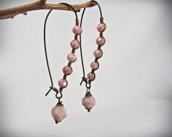 Handmade Long Pink Earrings, Stone Beads, Rhodonite, Copper Handmade Jewelry