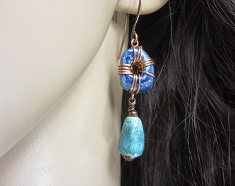 Blue Green Ceramic Earrings, Handmade Ceramic Beads, Boho Jewelry Handmade