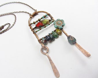 Long Boho Necklace, Czech Beads,  Handmade Copper Pendant, Very Long Necklace for Women, Bohemian Style, Gift for Her, Beaded Pendant Boho
