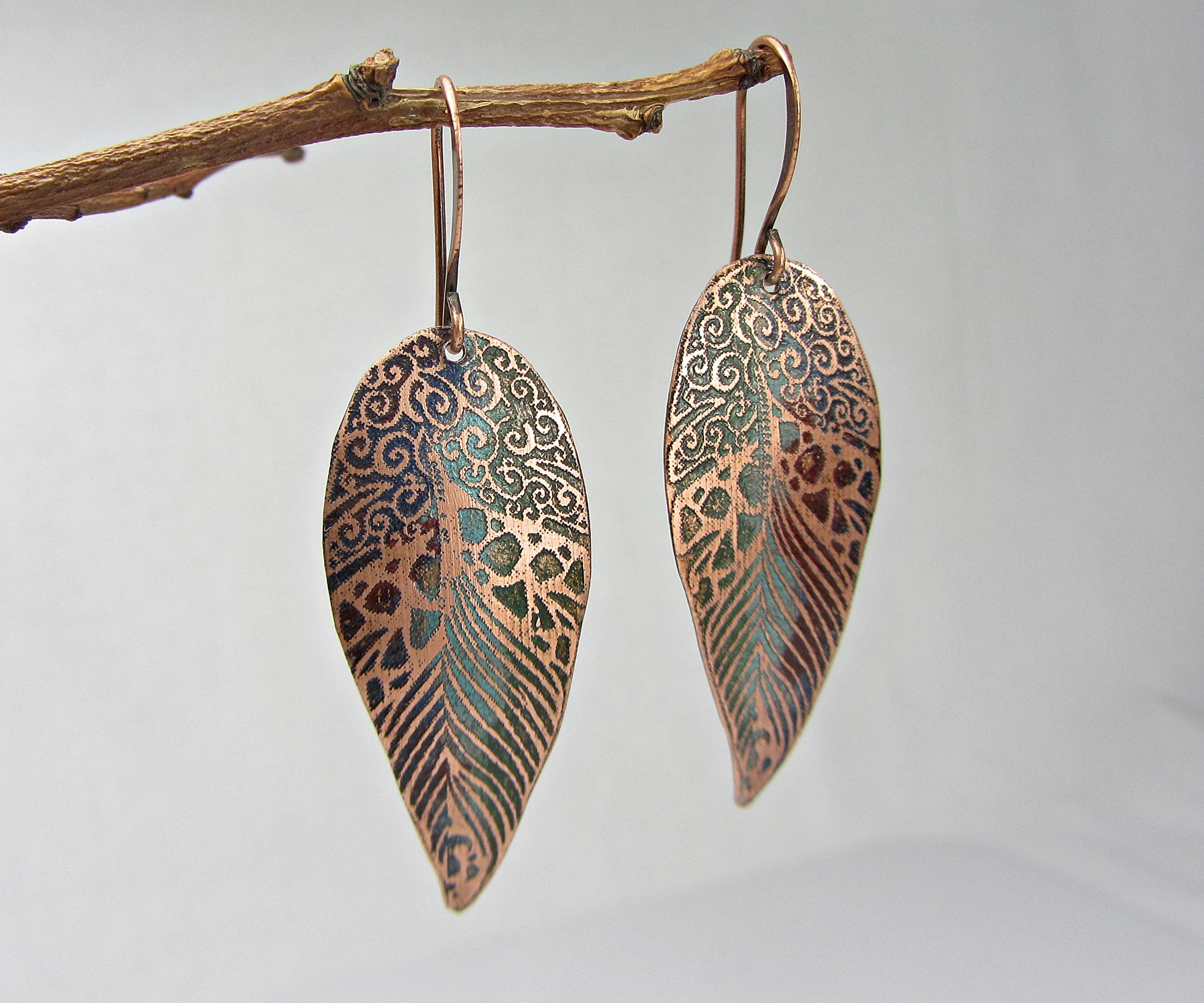 Copper Boho Dangle Earrings Handmade Feather Bohemian Copper Etsy