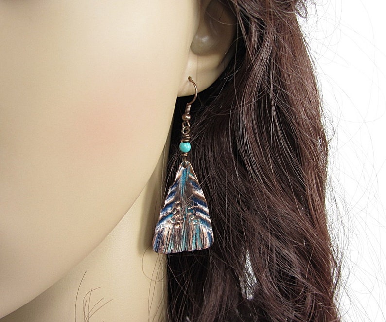 Bohemian Copper Jewelry Handmade Long Large Hammered Copper Earrings Handmade Long Dangle Earrings Hammered Earrings Blue Green Leaf
