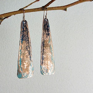 Long Hammered Copper Earrings, Boho Earrings Dangle, Copper Anniversary Gift for Women, Rustic Texture, Gifts for her, Handmade Jewelry