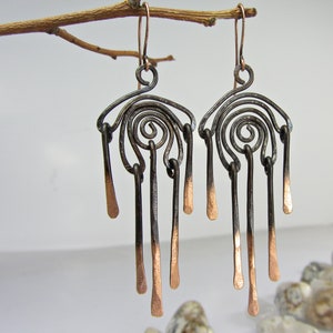 Long Great Hammered Copper Earrings, Handmade Dangle Earrings, Copper Jewelry Handmade, Black Earrings