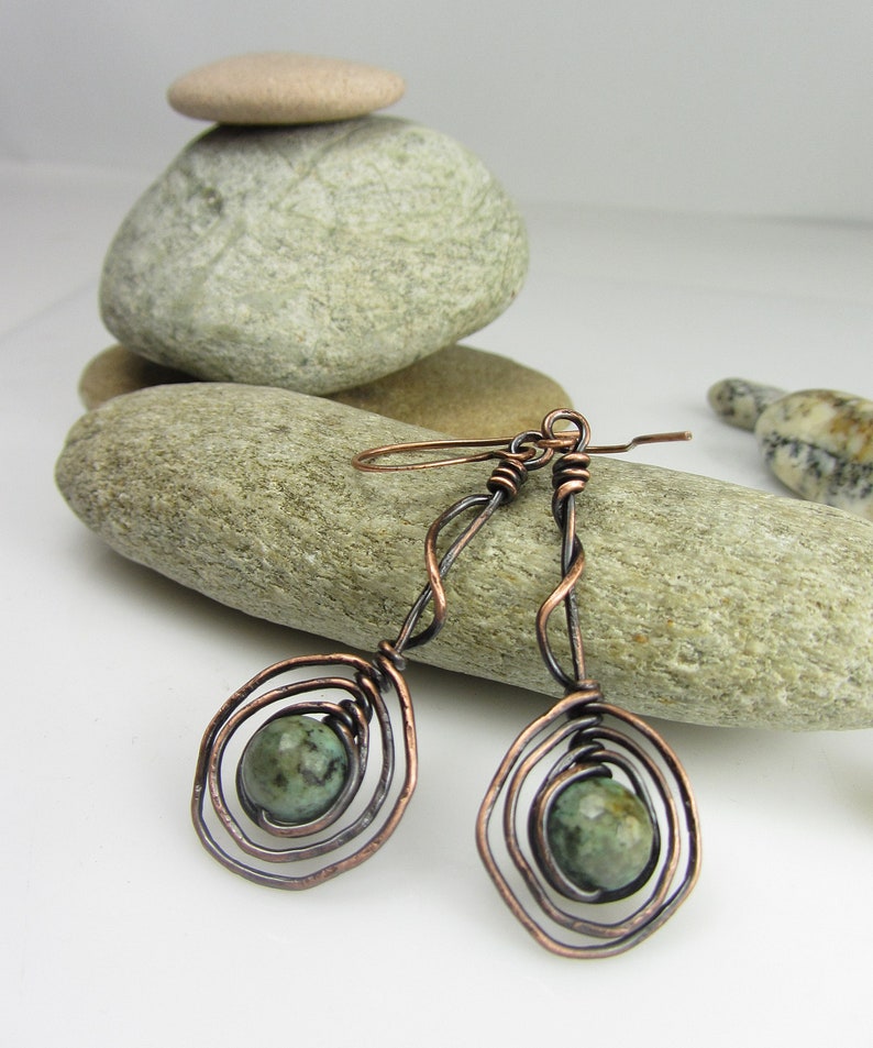 Проволока Медные серьги ручной работы Бохо Серьги Dangle 4 — изображение