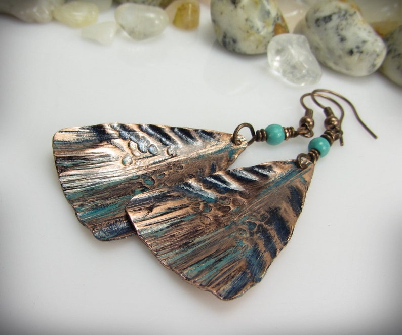 Bohemian Copper Jewelry Handmade Long Large Hammered Copper Earrings Handmade Long Dangle Earrings Hammered Earrings Blue Green Leaf