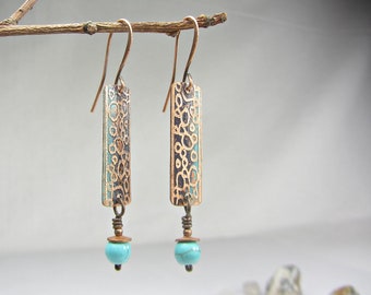 Blue Dangle Earrings, Copper Earrings Handmade, Etched Copper Jewelry Handmade, Gift for her