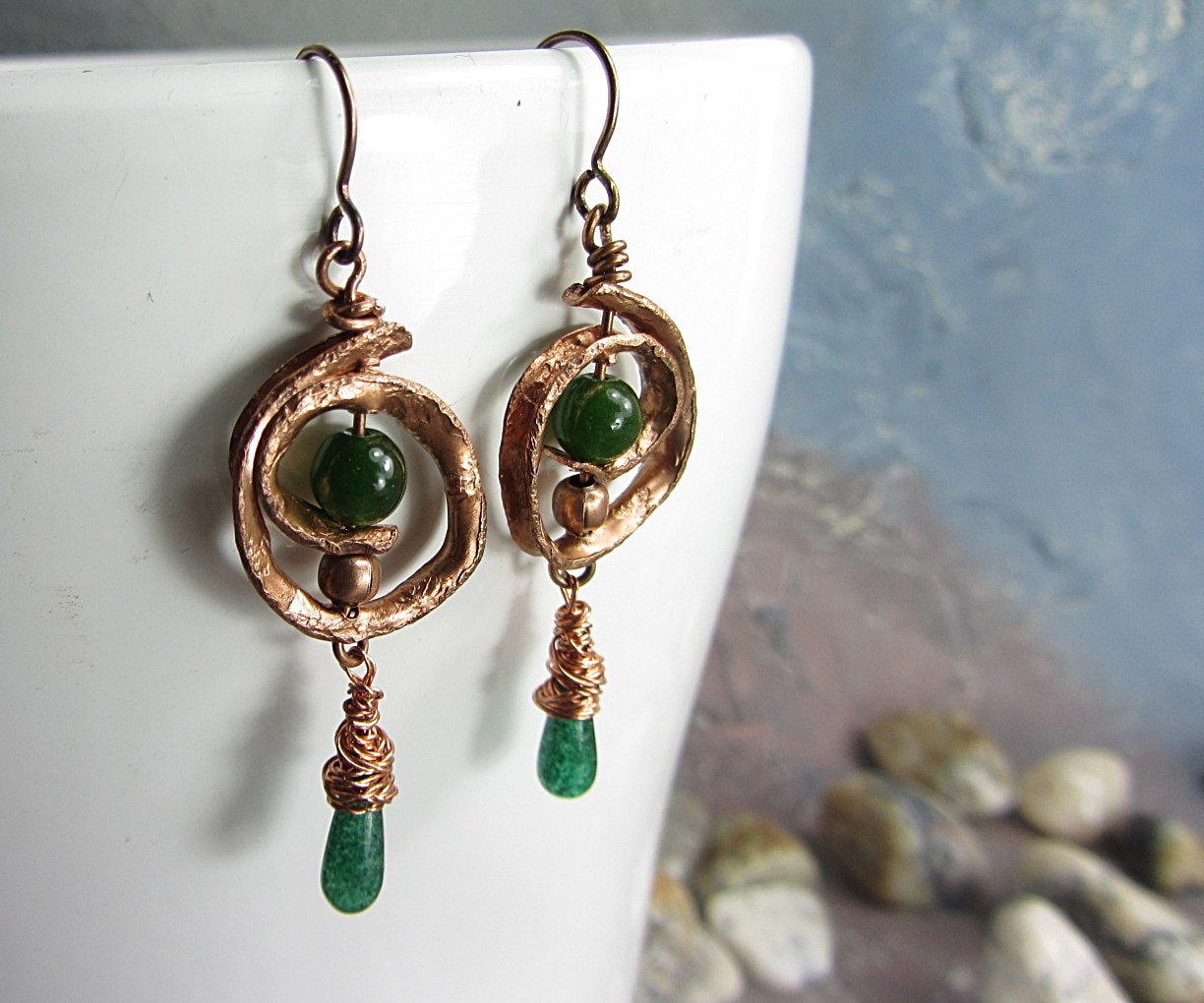 Long Dangle Earrings Handmade, Hammered Copper Earrings, Green Stone Aventurine Quartz, Original Copper Jewelry Handmade,