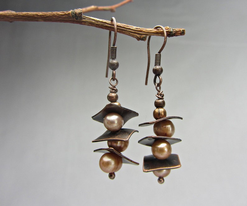 Copper Anniversary Gift for Women Pearl Copper Handmade Earrings Copper Jewelry Handmade
