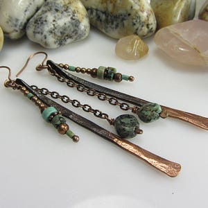 Hammered Copper Turquoise Boho Earrings, Handmade Long Dangle Earrings ...