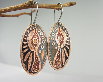Copper Boho Earrings, Etched Copper, Oval Dangle Earrings, Patternet Ethnic Earrings, Original Jewelry, Blue Red Earrings