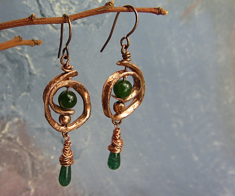 Bohemian Copper Jewelry Handmade Long Large Hammered Copper Earrings Handmade Long Dangle Earrings Hammered Earrings Blue Green Leaf