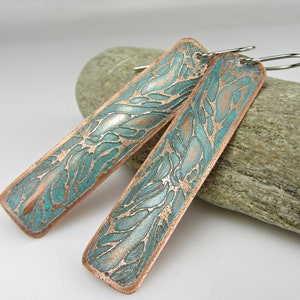 Elegant Turquoise Long Dangle Earrings, Copper Earrings Handmade, Etched Copper Jewelry Handmade