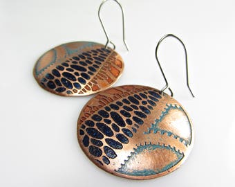 Copper Handmade Earrings, Bohemian Earrings Dangle, Copper Jewelry Handmade, Copper Anniversary Gift,  Blue Colored Disc,  Earrings Boho