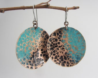 Handmade Turquoise Earrings, Hammered Copper Jewelry, Circle Earrings, Anniversary Gift, Blue Turquoise Patina, Bohemian Disk Earrings, Boho