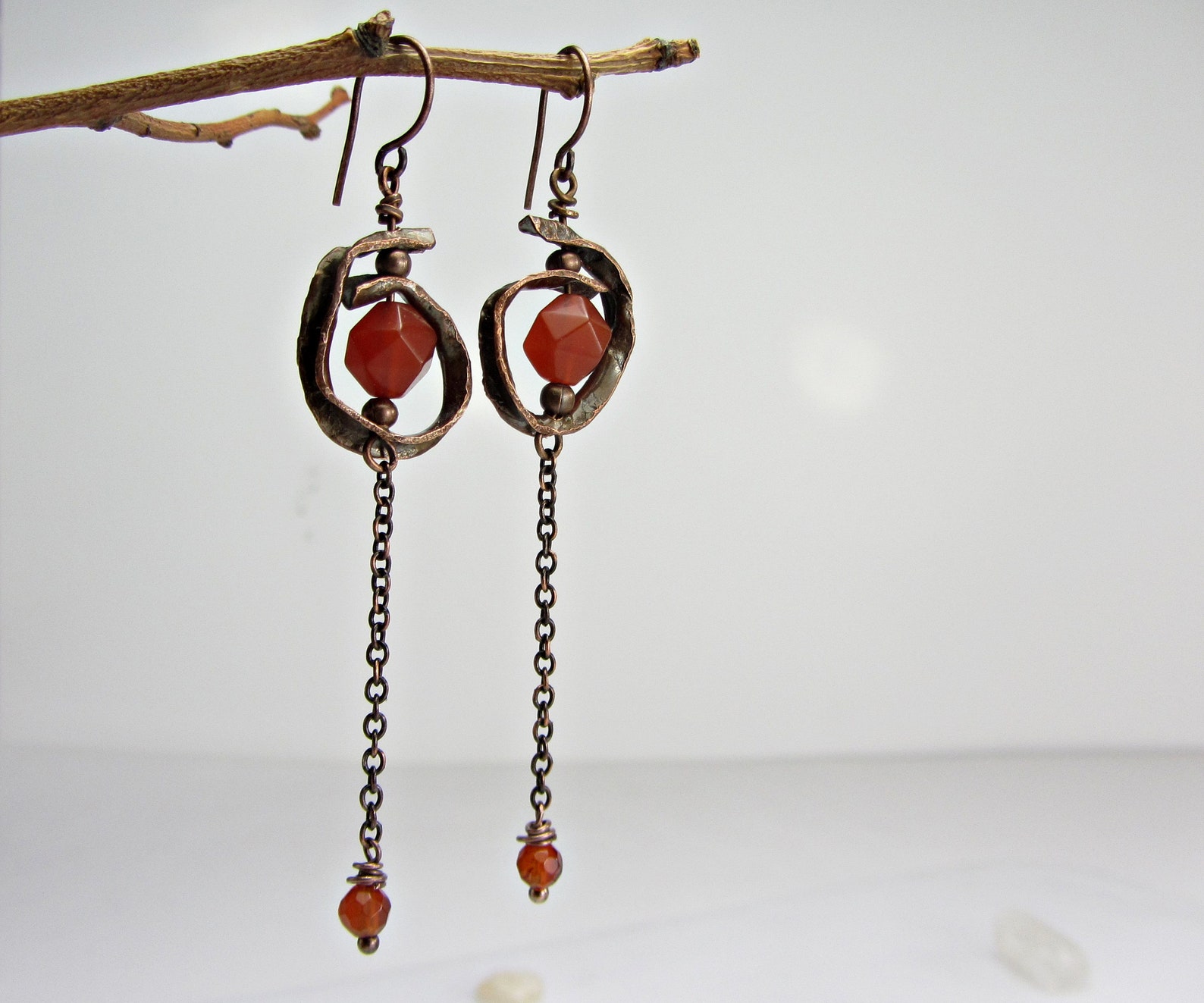 Copper Earrings Handmade Red Stone Carnelian Long Dangle Etsy