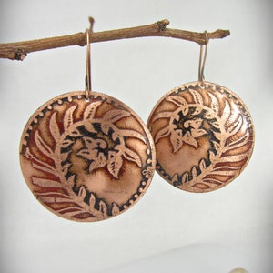 Larger Copper Handmade Earrings, Gift Anniversary, Copper Jewelry Boho, Disc Earrings, Copper Handmade Jewelry, Fern  Leaves